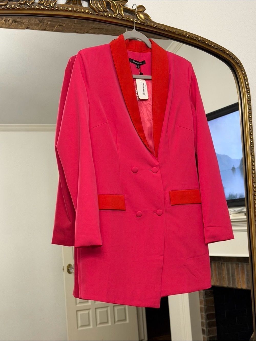 Double-Breasted Hot Pink Mini Dress Blazer with Red Trim